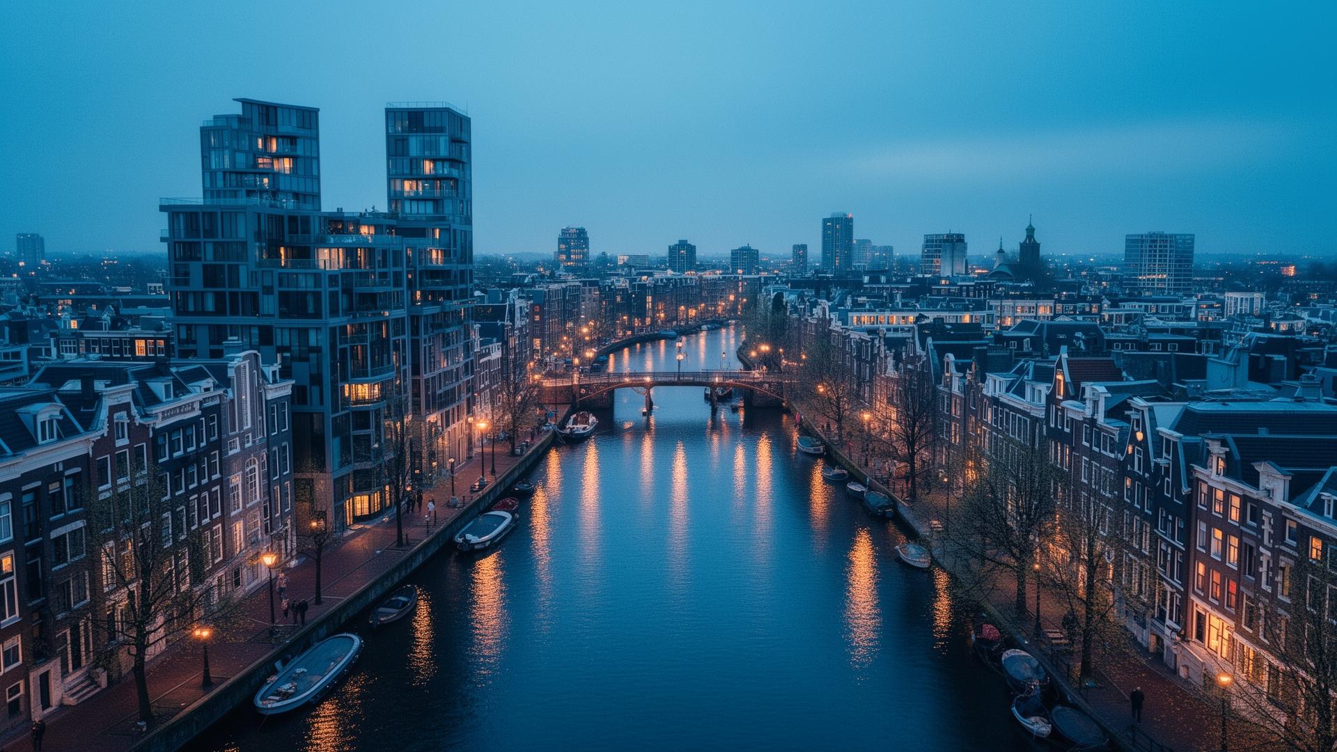 Avondzicht op de Amsterdamse grachten met moderne woontorens en historische gevels in blauw uur
